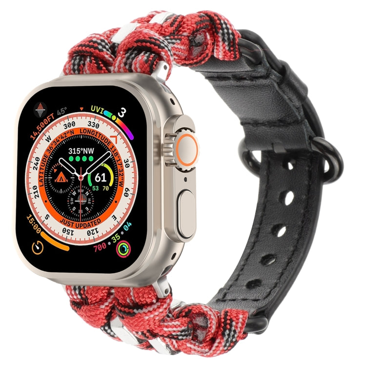 For Apple Watch Ultra 2 49mm Paracord Genuine Leather Watch Band(Black Red Camo) by bashfashion