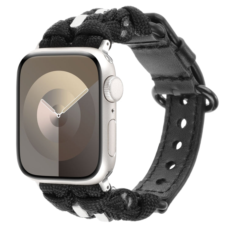 For Apple Watch Ultra 2 49mm Paracord Genuine Leather Watch Band(Black) by bashfashion