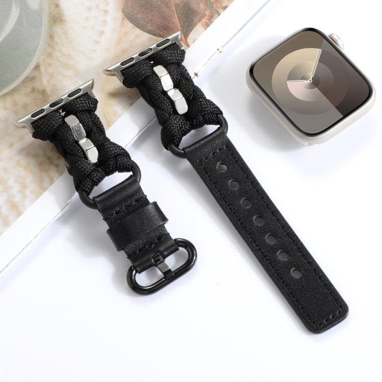 For Apple Watch Ultra 2 49mm Paracord Genuine Leather Watch Band(Black) by bashfashion