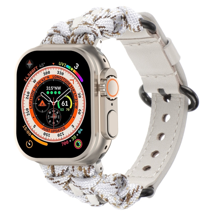 For Apple Watch Ultra 49mm Paracord Genuine Leather Watch Band(White Khaki) by bashfashion