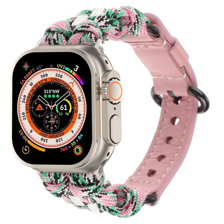 For Apple Watch Ultra 49mm Paracord Genuine Leather Watch Band(Pink Camo) by bashfashion