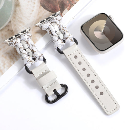 For Apple Watch Series 8 41mm Paracord Genuine Leather Watch Band(White Khaki) by bashfashion