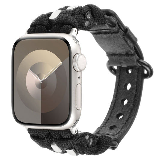 For Apple Watch Series 8 41mm Paracord Genuine Leather Watch Band(Black) by bashfashion