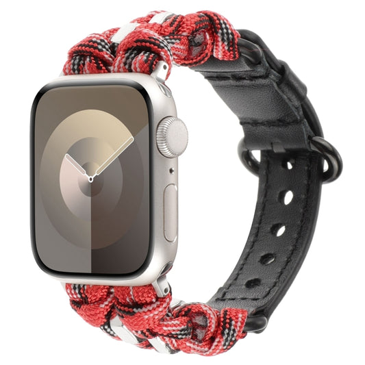 For Apple Watch SE 2022 44mm Paracord Genuine Leather Watch Band(Black Red Camo) by bashfashion
