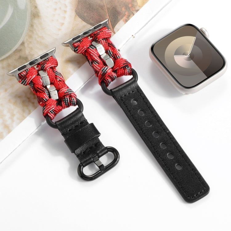 For Apple Watch SE 44mm Paracord Genuine Leather Watch Band(Black Red Camo) by bashfashion