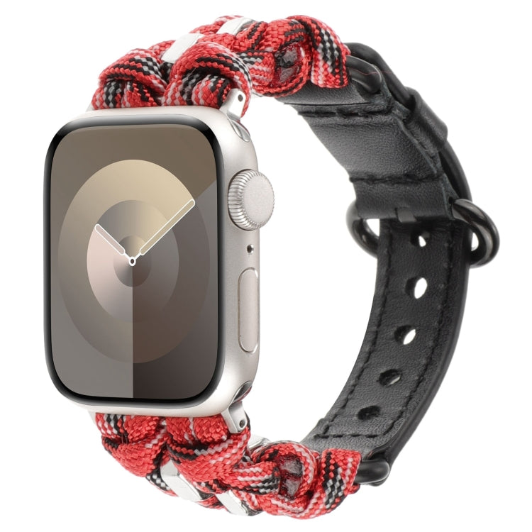 For Apple Watch 42mm Paracord Genuine Leather Watch Band(Black Red Camo) by bashfashion