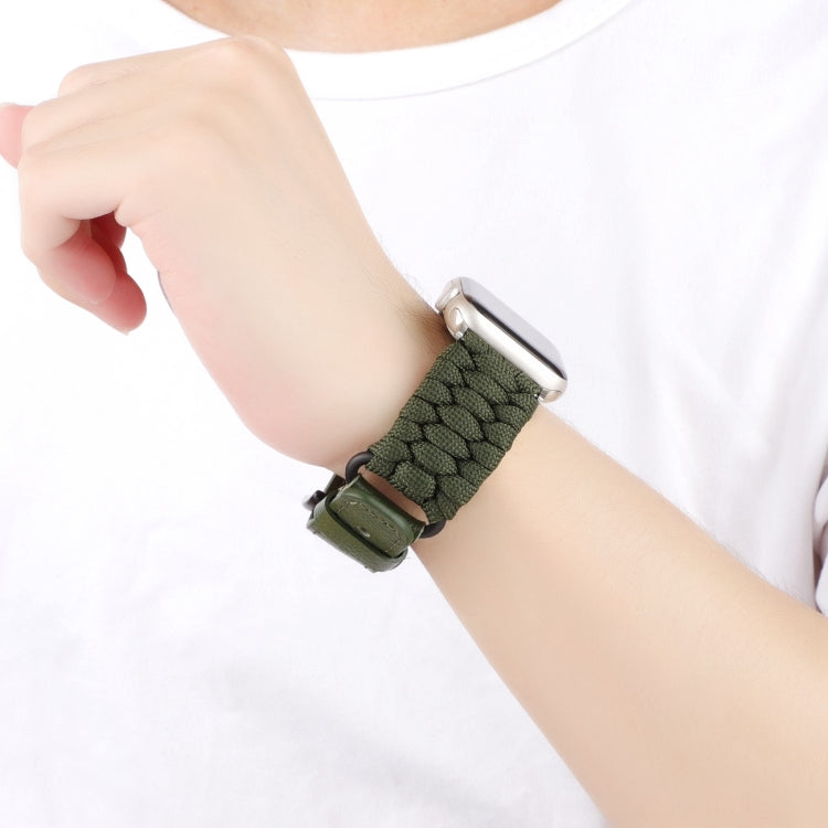 For Apple Watch Ultra 2 49mm Plain Paracord Genuine Leather Watch Band(Army Green) by bashfashion