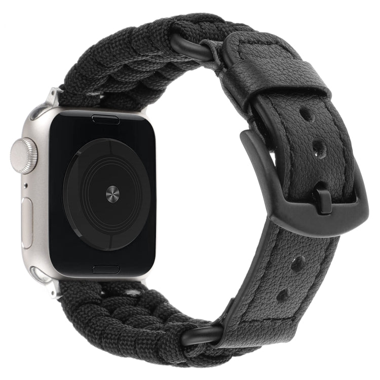 For Apple Watch Series 9 41mm Plain Paracord Genuine Leather Watch Band(Black) by bashfashion