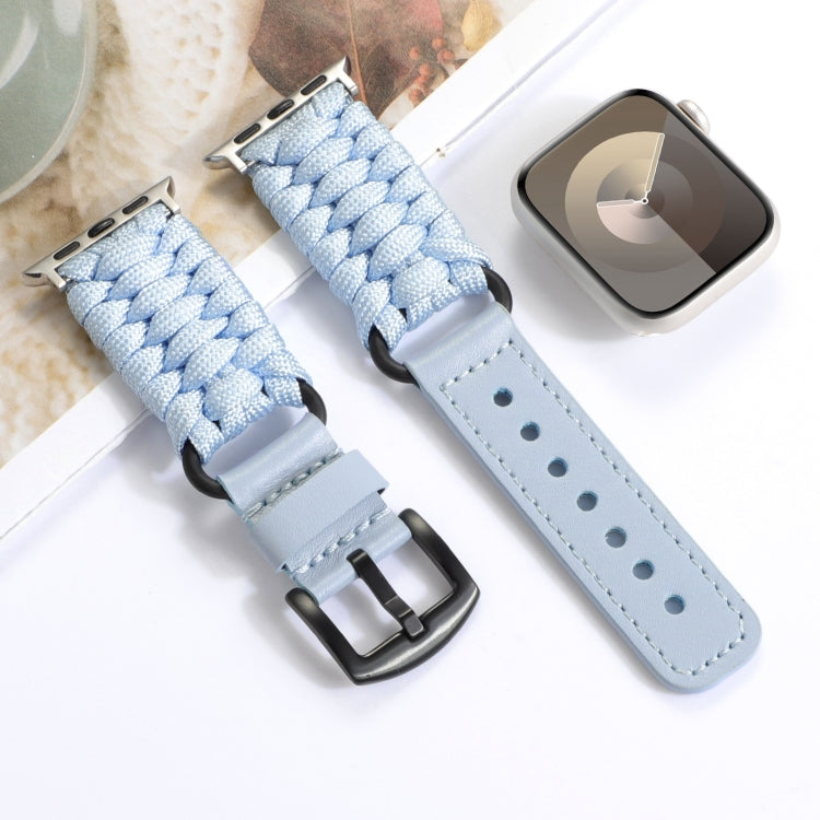 For Apple Watch Ultra 49mm Plain Paracord Genuine Leather Watch Band(Baby Blue) by bashfashion