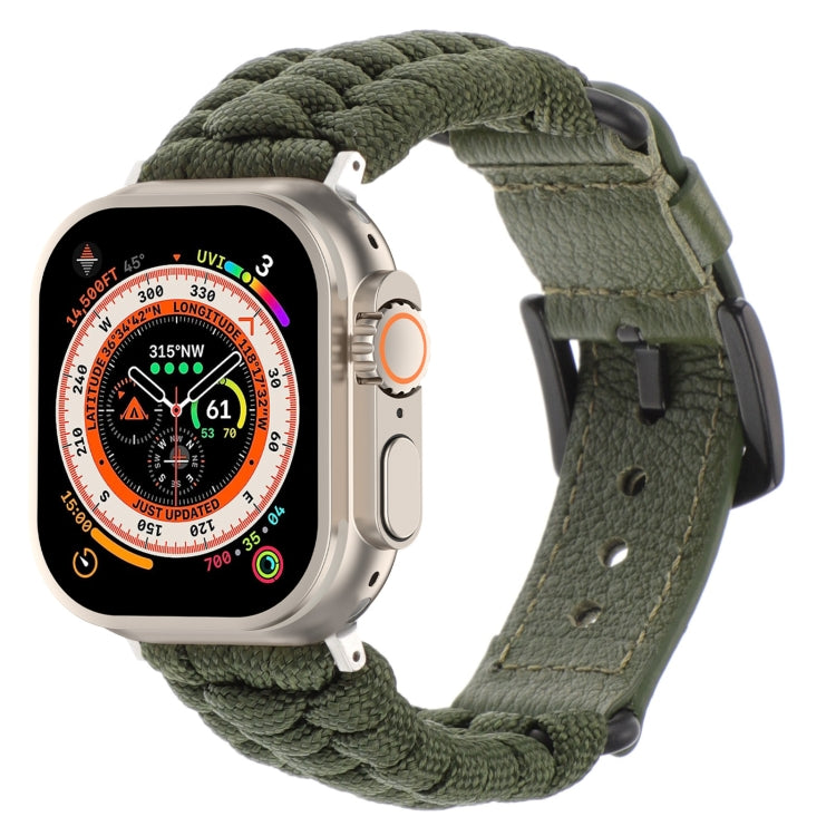 For Apple Watch Ultra 49mm Plain Paracord Genuine Leather Watch Band(Army Green) by bashfashion