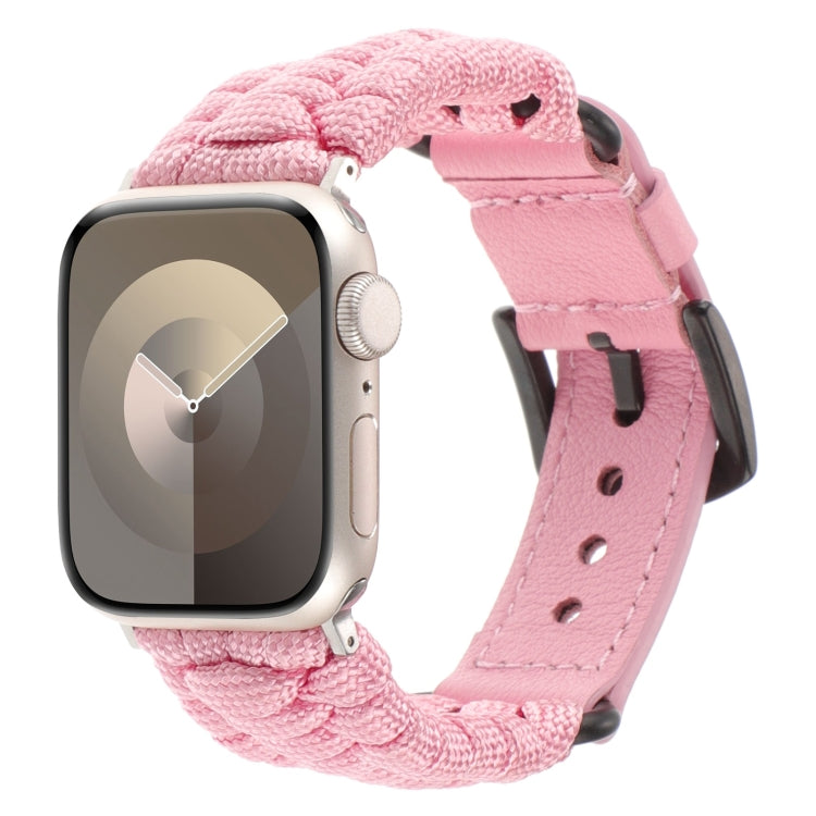 For Apple Watch SE 44mm Plain Paracord Genuine Leather Watch Band(Pink) by bashfashion