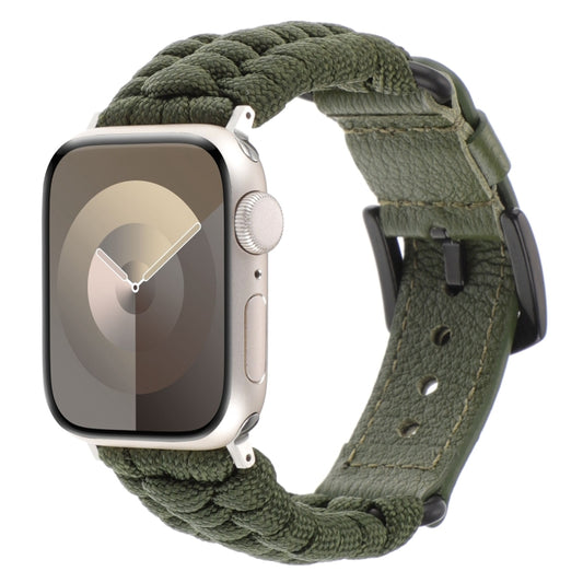 For Apple Watch Series 6 40mm Plain Paracord Genuine Leather Watch Band(Army Green) by bashfashion