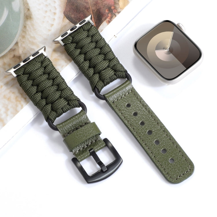 For Apple Watch Series 5 44mm Plain Paracord Genuine Leather Watch Band(Army Green) by bashfashion