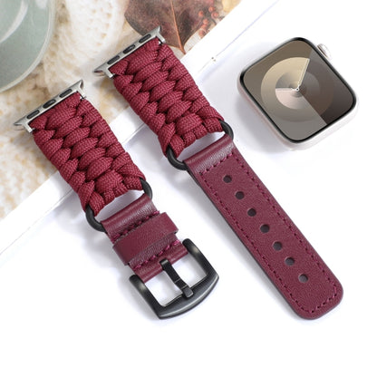 For Apple Watch Series 4 44mm Plain Paracord Genuine Leather Watch Band(Wine Red) by bashfashion