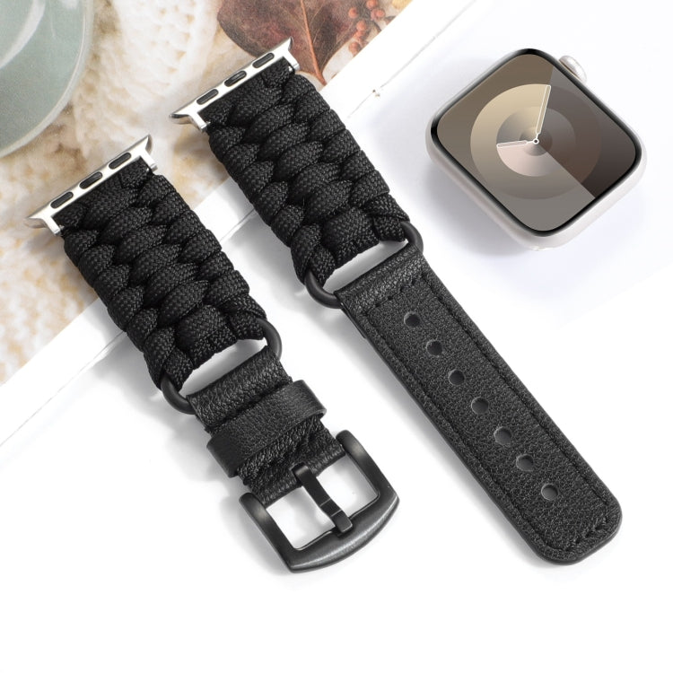 For Apple Watch Series 3 38mm Plain Paracord Genuine Leather Watch Band(Black) by bashfashion
