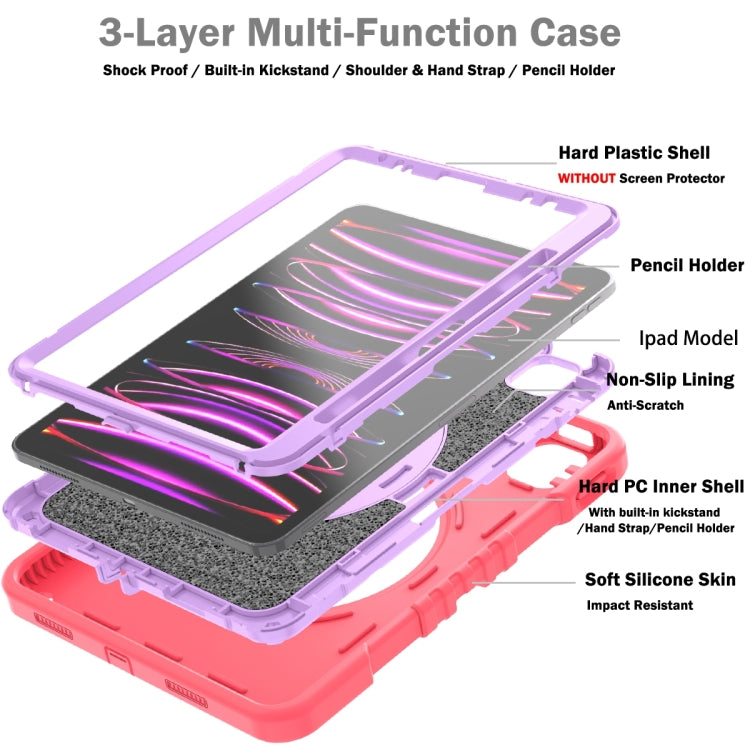 For iPad Air 2022 10.9 / Pro 11 2022 X Rotation PC Hybrid Silicone Tablet Case with Strap(Red Purple) by bashfashion