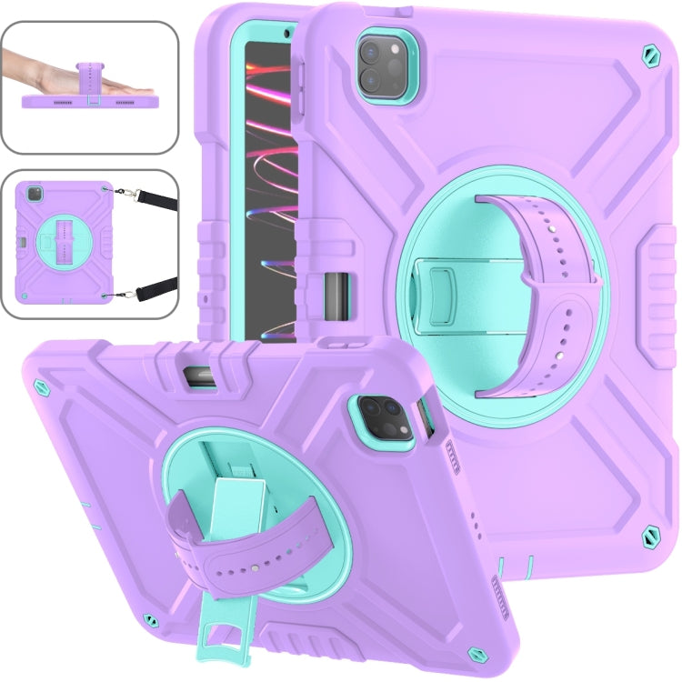 For iPad Air 2022 10.9 / Pro 11 2022 X Rotation PC Hybrid Silicone Tablet Case with Strap(Purple Cyan) by bashfashion