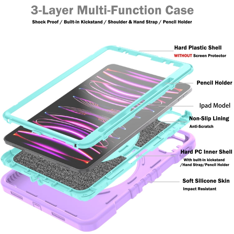For iPad Air 2022 10.9 / Pro 11 2022 X Rotation PC Hybrid Silicone Tablet Case with Strap(Purple Cyan) by bashfashion