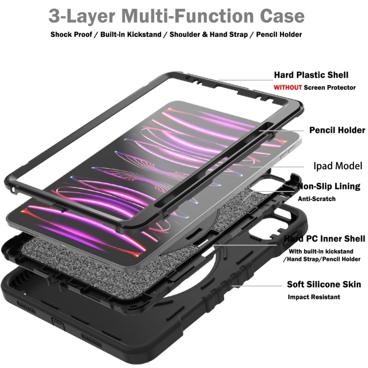 For iPad Air 2022 10.9 / Pro 11 2022 X Rotation PC Hybrid Silicone Tablet Case with Strap(Full Black) by bashfashion