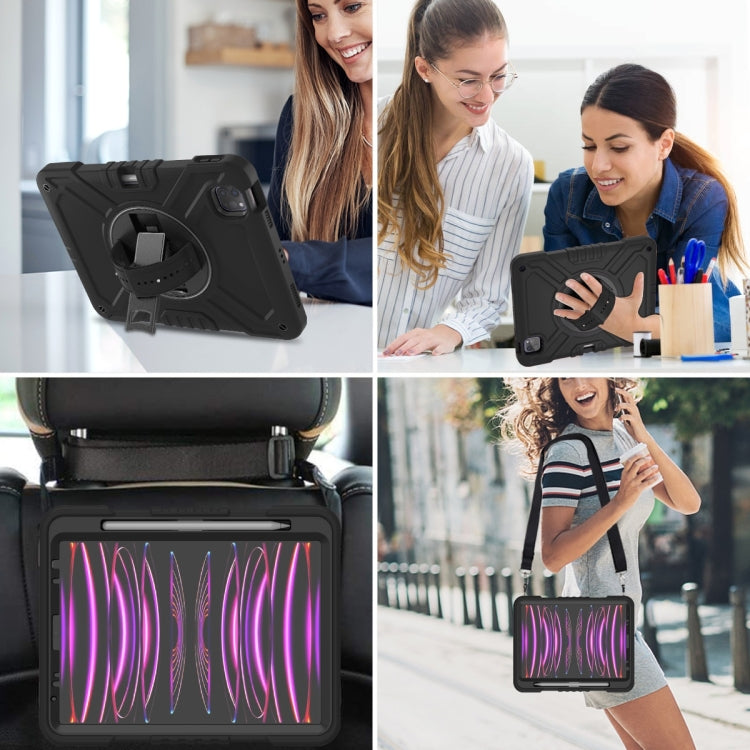 For iPad Air 2022 10.9 / Pro 11 2022 X Rotation PC Hybrid Silicone Tablet Case with Strap(Full Black) by bashfashion
