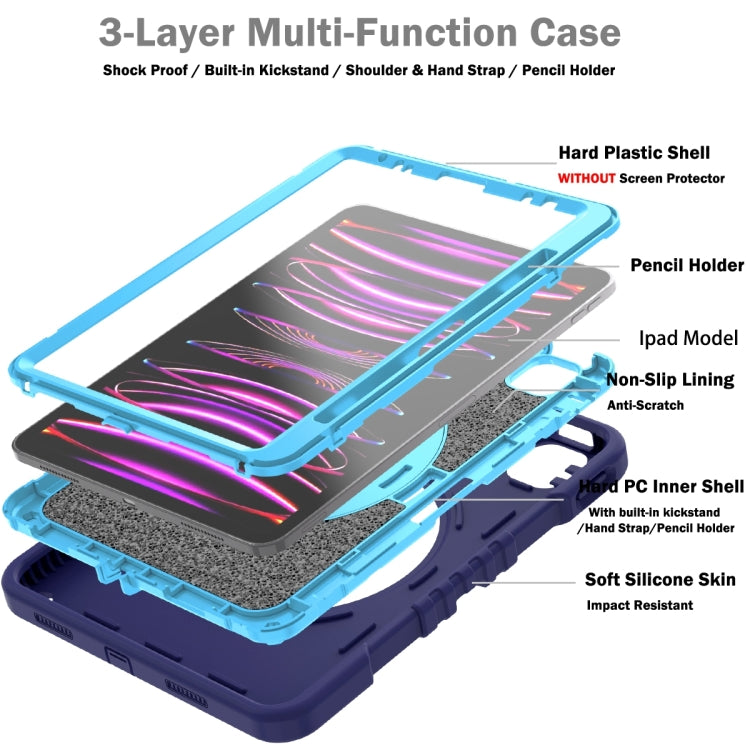 For iPad Air 2022 10.9 / Pro 11 2022 X Rotation PC Hybrid Silicone Tablet Case with Strap(Navy Sky Blue) by bashfashion
