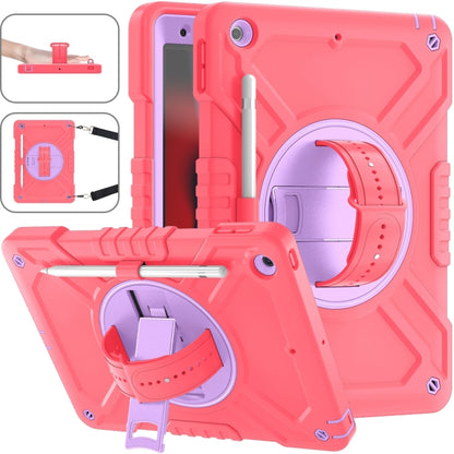For iPad 10.2 2021 / 2020 / 2019 X Rotation PC Hybrid Silicone Tablet Case with Strap(Red Purple) by bashfashion