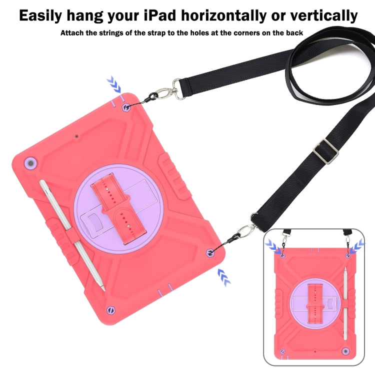 For iPad 10.2 2021 / 2020 / 2019 X Rotation PC Hybrid Silicone Tablet Case with Strap(Red Purple) by bashfashion