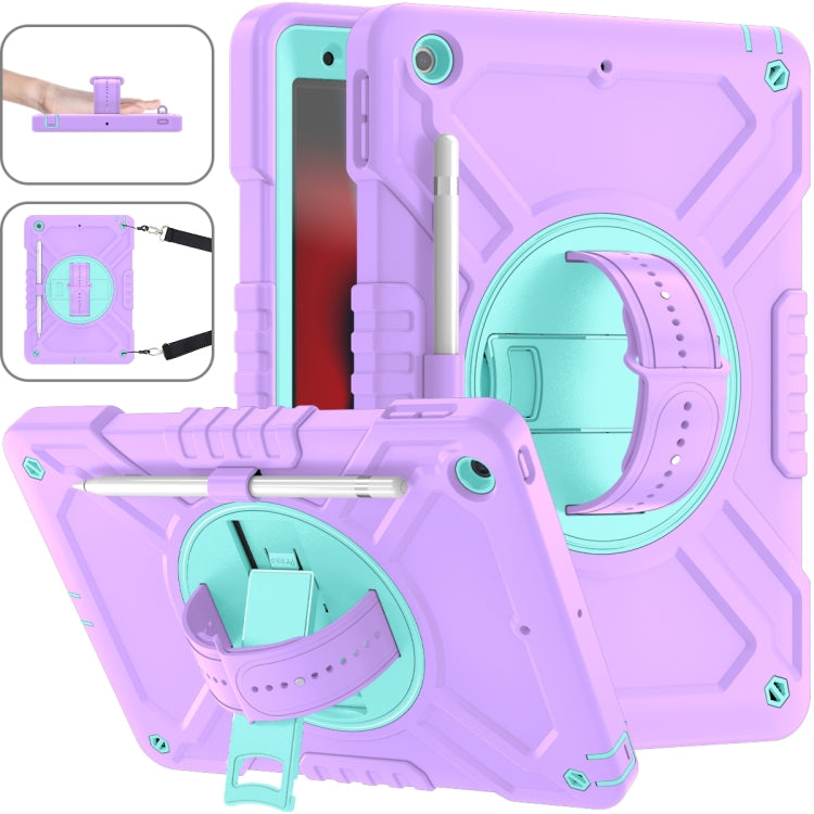 For iPad 10.2 2021 / 2020 / 2019 X Rotation PC Hybrid Silicone Tablet Case with Strap(Purple Cyan) by bashfashion