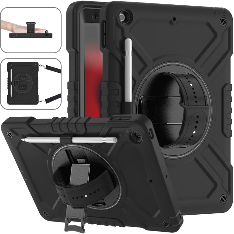 For iPad 10.2 2021 / 2020 / 2019 X Rotation PC Hybrid Silicone Tablet Case with Strap(Full Black) by bashfashion