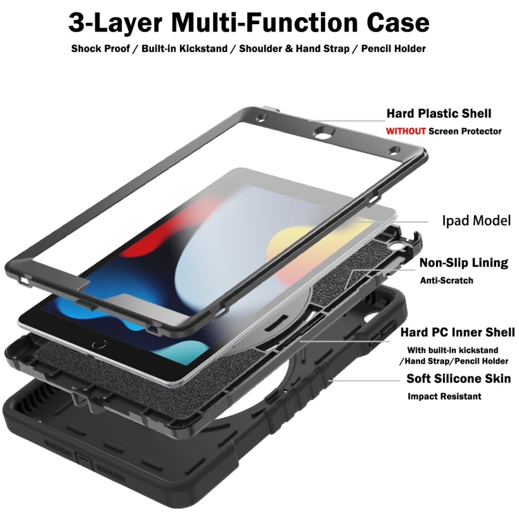 For iPad 10.2 2021 / 2020 / 2019 X Rotation PC Hybrid Silicone Tablet Case with Strap(Full Black) by bashfashion