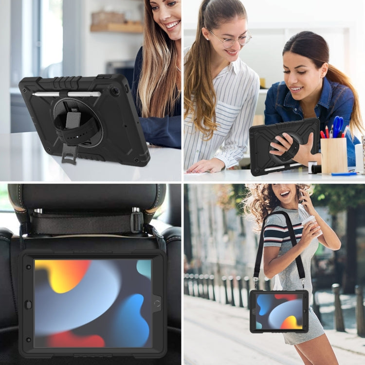 For iPad 10.2 2021 / 2020 / 2019 X Rotation PC Hybrid Silicone Tablet Case with Strap(Full Black) by bashfashion