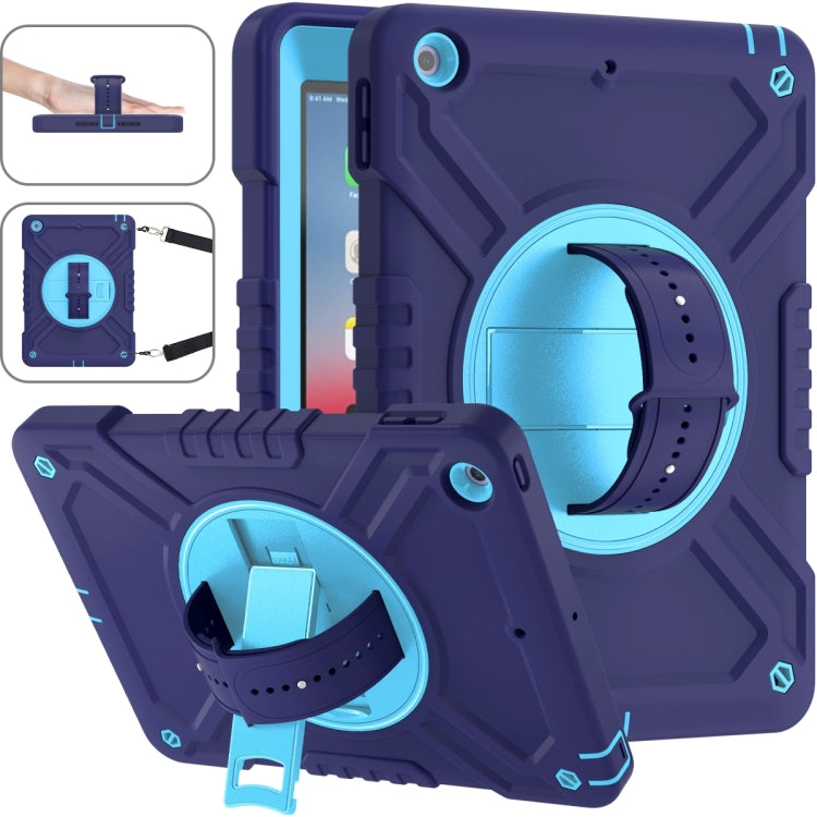 For iPad Air / Air 2 / 9.7 2018 / 2017 X Rotation PC Hybrid Silicone Tablet Case with Strap(Navy Sky Blue) by bashfashion