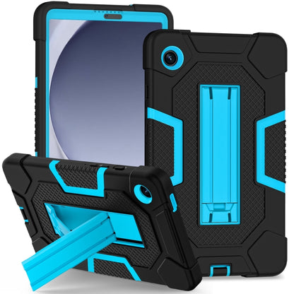For Samsung Galaxy Tab A9 Contrast Color Robot Silicone Hybrid PC Tablet Case with Holder(Black Blue) by bashfashion