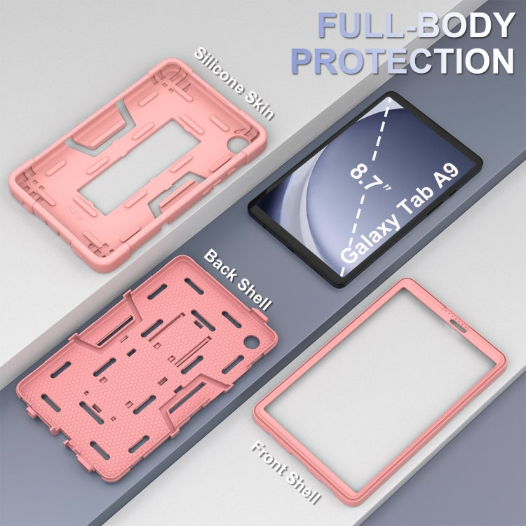 For Samsung Galaxy Tab A9 Contrast Color Robot Silicone Hybrid PC Tablet Case with Holder(Rose Gold) by bashfashion