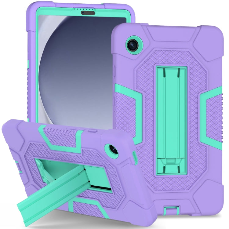 For Samsung Galaxy Tab A9 Contrast Color Robot Silicone Hybrid PC Tablet Case with Holder(Purple Mint Green) by bashfashion