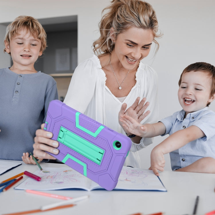 For Samsung Galaxy Tab A9 Contrast Color Robot Silicone Hybrid PC Tablet Case with Holder(Purple Mint Green) by bashfashion