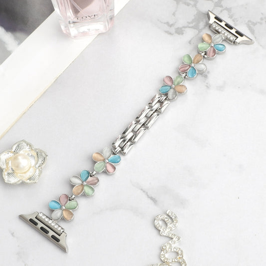 For Apple Watch SE 2022 40mm 5-petaled Flower Zinc Alloy Chain Watch Band(Silver Colorful) by bashfashion