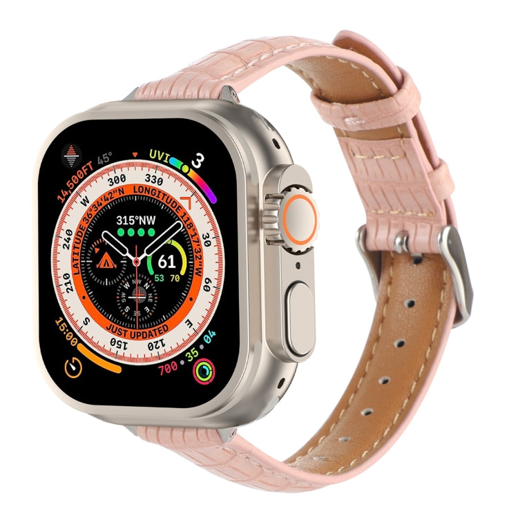 For Apple Watch Ultra 2 49mm Slim Crocodile Leather Watch Band(Pink) by bashfashion