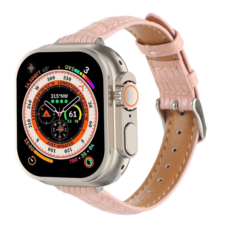For Apple Watch Ultra 49mm Slim Crocodile Leather Watch Band(Pink) by bashfashion