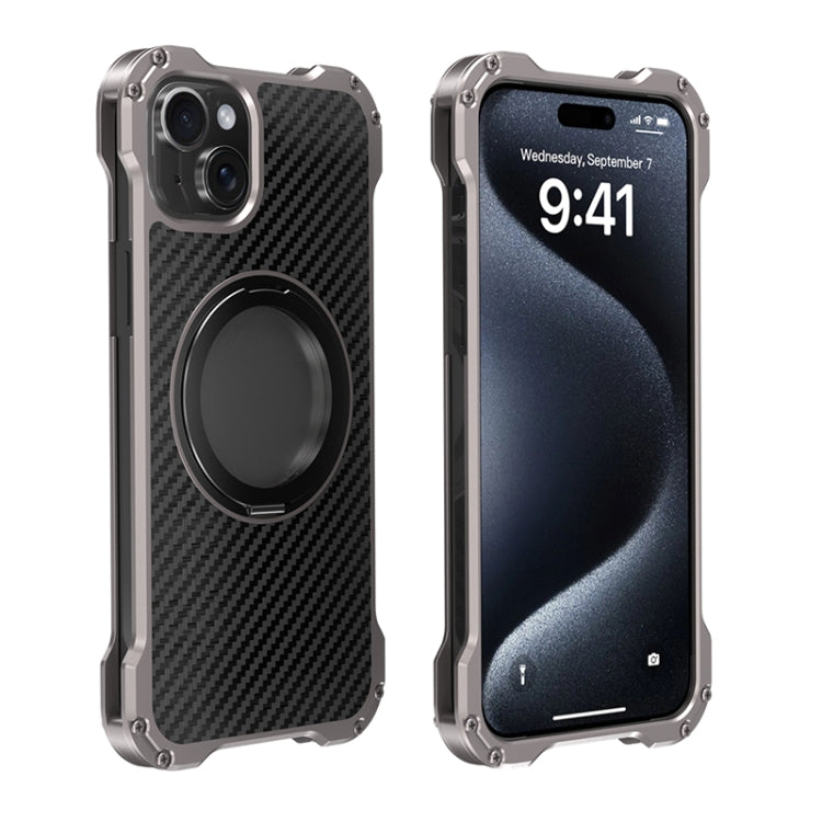 For iPhone 15 R-JUST RJ51-1 Hollow Rotating Holder MagSafe Magnetic Metal Phone Case(Silver Grey) by R-JUST