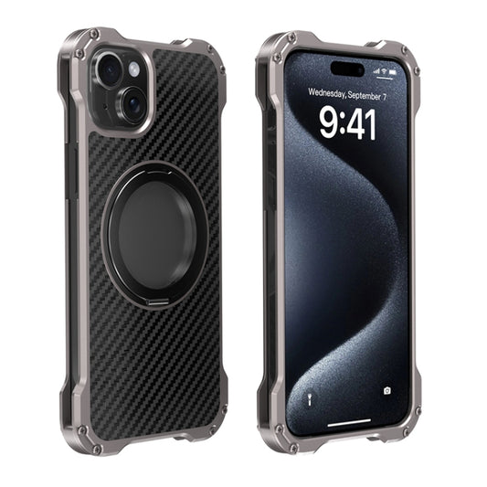 For iPhone 15 R-JUST RJ51-1 Hollow Rotating Holder MagSafe Magnetic Metal Phone Case(Silver Grey) by R-JUST