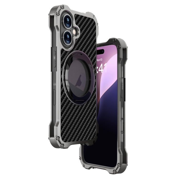 For iPhone 16 R-JUST RJ51-1 Hollow Rotating Holder MagSafe Magnetic Metal Phone Case(Silver Grey) by R-JUST