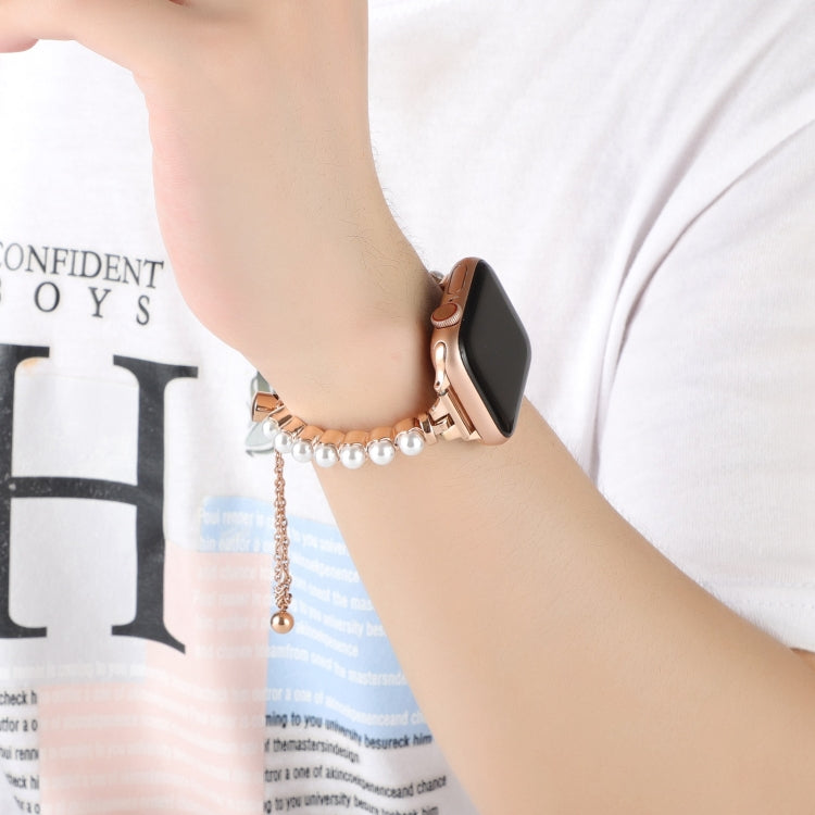 For Apple Watch SE 2023 44mm Pearl Bracelet Metal Watch Band(Rose Gold) by bashfashion
