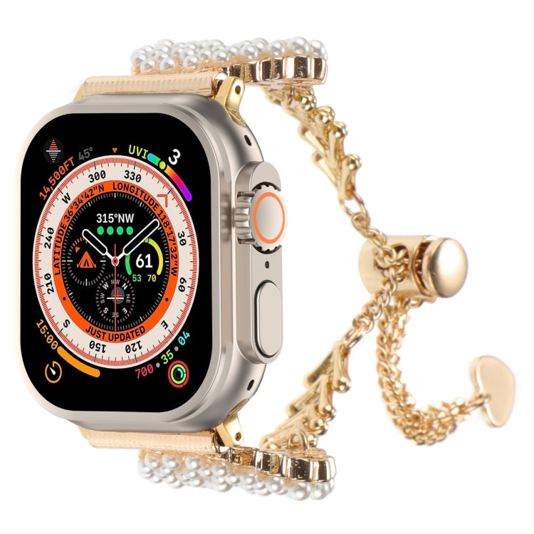 For Apple Watch Ultra 2 49mm Pearl Round Zinc Alloy Chain Metal Watch Band(Gold) by bashfashion