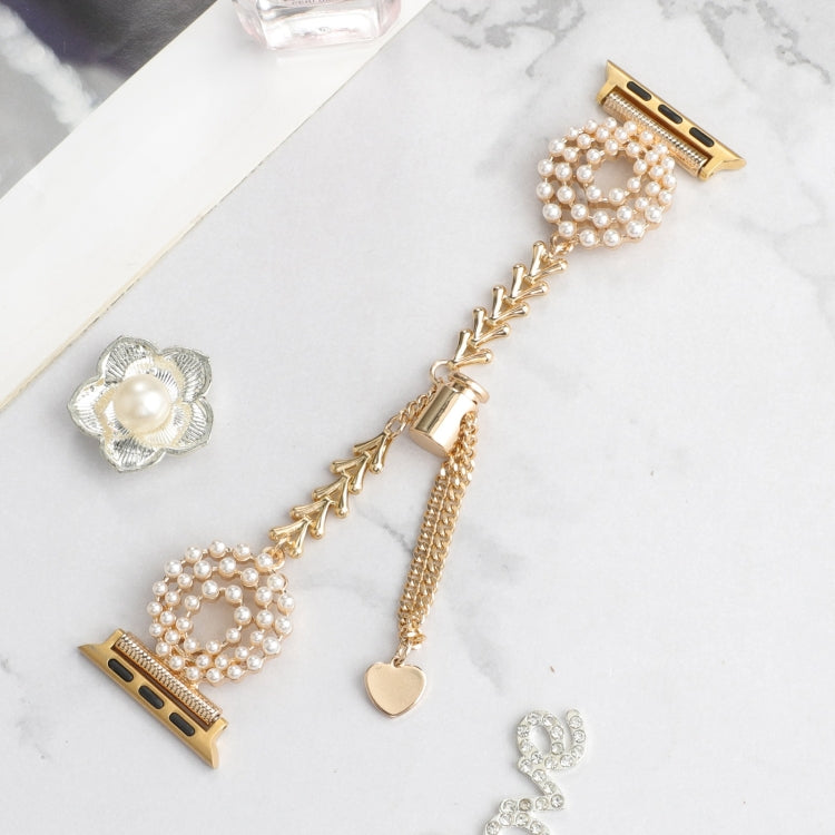 For Apple Watch Ultra 49mm Pearl Round Zinc Alloy Chain Metal Watch Band(Gold) by bashfashion