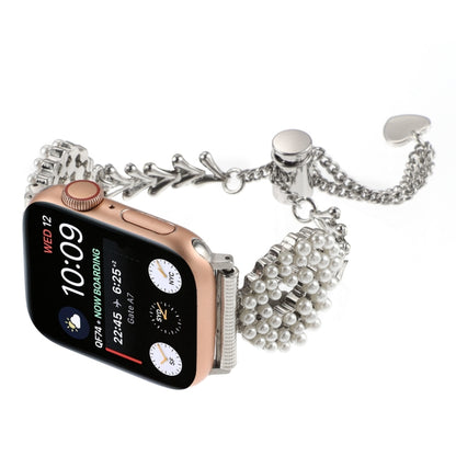 For Apple Watch Series 8 41mm Pearl Round Zinc Alloy Chain Metal Watch Band(Silver) by bashfashion