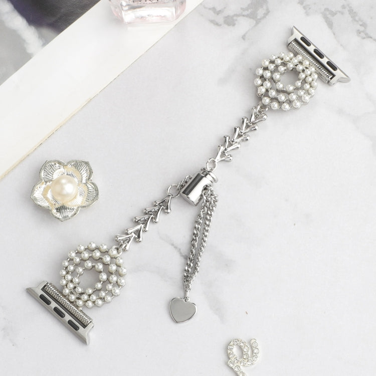 For Apple Watch SE 2022 40mm Pearl Round Zinc Alloy Chain Metal Watch Band(Silver) by bashfashion