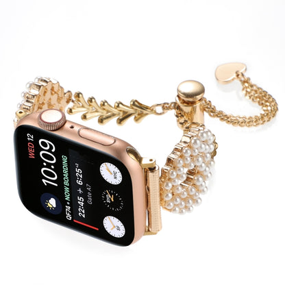 For Apple Watch Series 4 44mm Pearl Round Zinc Alloy Chain Metal Watch Band(Gold) by bashfashion