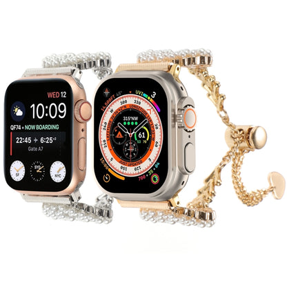 For Apple Watch Series 5 44mm Pearl Round Zinc Alloy Chain Metal Watch Band(Gold) by bashfashion