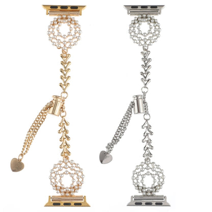 For Apple Watch 42mm Pearl Round Zinc Alloy Chain Metal Watch Band(Gold) by bashfashion